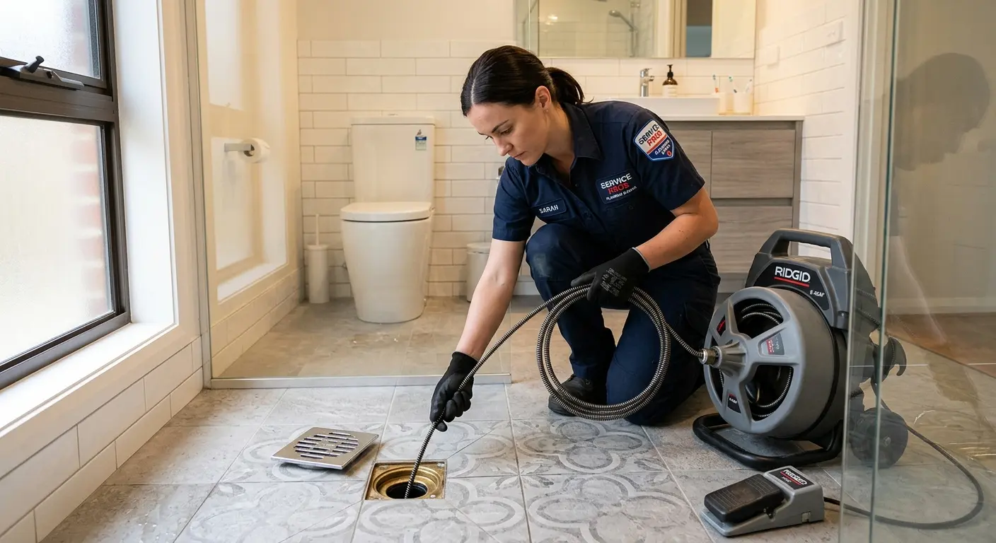 Technician clearing a bathroom floor drain for Sewer Line Replacement in Kihei